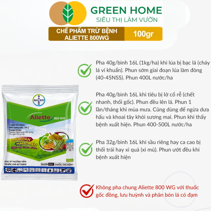 Chế Phẩm Trừ Bệnh Aliette 800WG GreenHome, Gói 100gr, Đặc Trị Thối Rễ, Lở Cổ Rễ, Xì Mủ Cho Cây Trồng