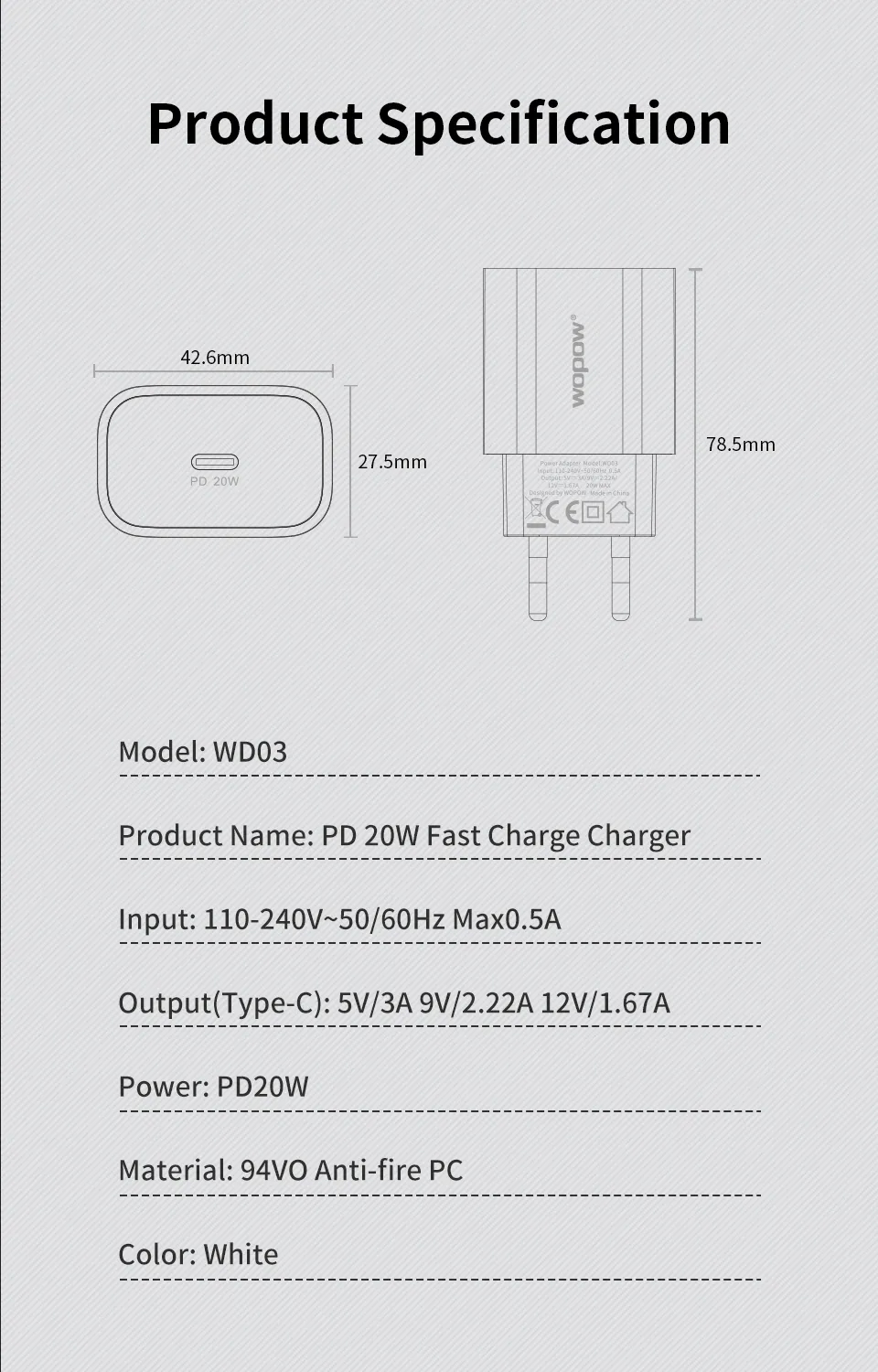 Củ Sạc Nhanh 20w Wopow Wd03 Đầu Ra type C Mạch Bảo Vệ Dòng Điện Thoại - IOV