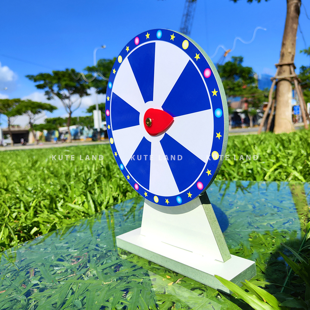 Vòng quay diệu kì 25 cm trúng thưởng may mắn 10 ô màu trắng xanh gỗ MDF đẹp chống nước làm sự kiện trò chơi