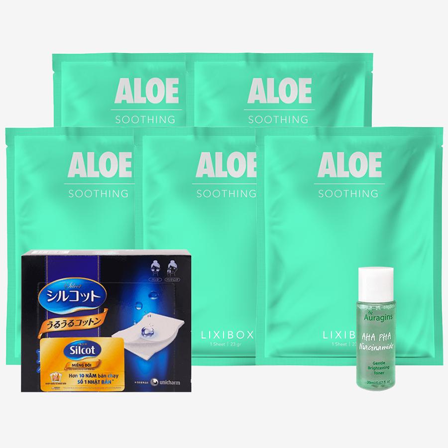 Combo 5 mặt nạ Lixibox - Aloe, Bông tẩy trang Silcot và toner sáng da The Auragins minisize