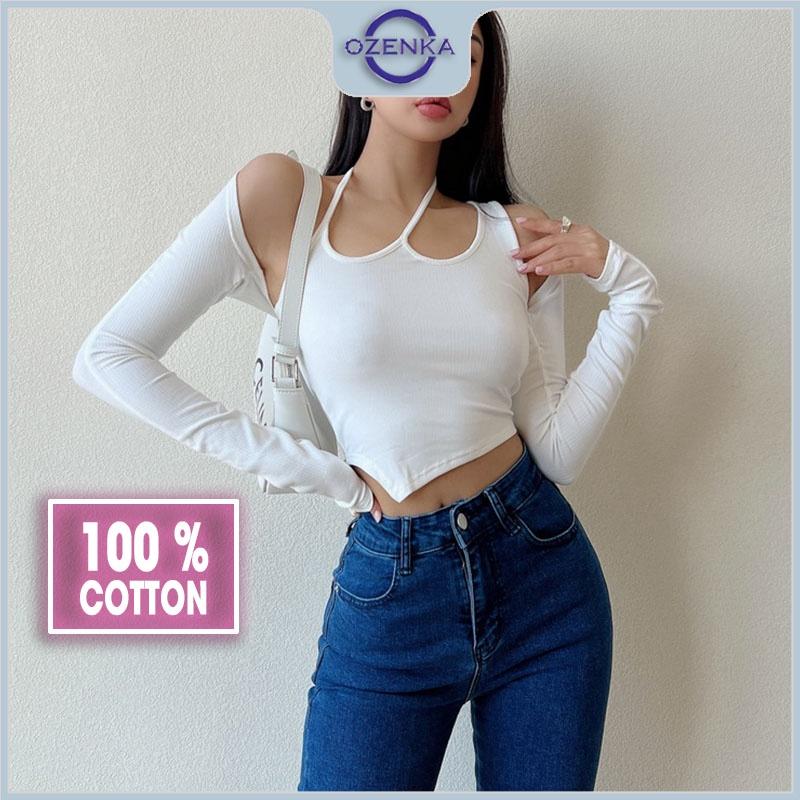 Set áo croptop tay dài hở vai áo ba lỗ nữ vạt nhọn OZENKA , áo crt ôm body gợi cảm mềm mịn thấm hút mồ hôi