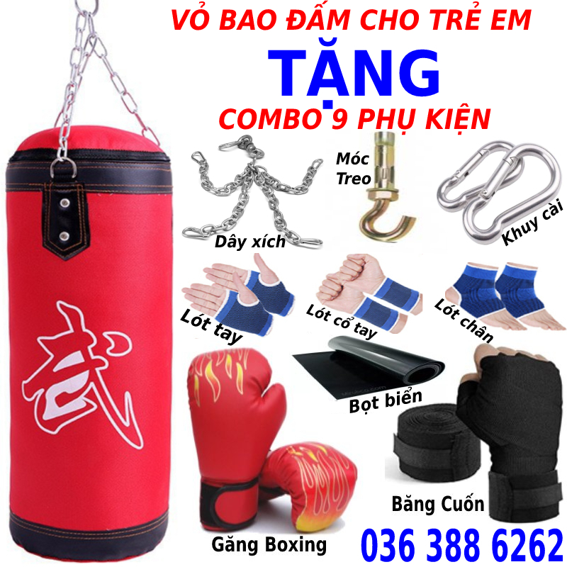 Vỏ bao cát đấm bốc boxing trẻ em 4 lớp dài 60cm, đường kính 26cm tặng full combo 5 món bao gồm găng tay đấm bốc trẻ em, móc treo, dây xích, khuy cài