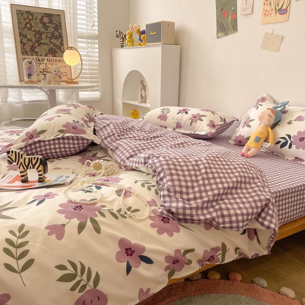 Bộ chăn ga gối Cotton Poly M2T bedding, vỏ chăn mền, drap ga giường, 2 vỏ gối - PL Hoa sim tím