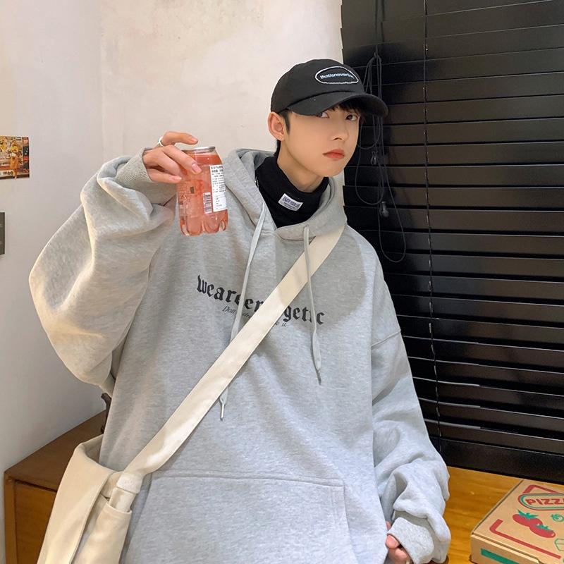 Áo hoodie dài tay lót nhung dáng rộng in chữ phong cách Hàn Quốc thời trang thu đông cho nam