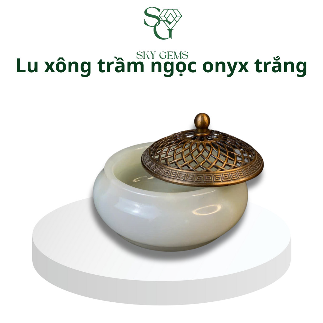 Lư Xông Trầm Ngọc Onyx Xanh và Trắng – Cao 7cm, Đường Kính 10cm – Khói Đẹp, Bền, Sang Trọng