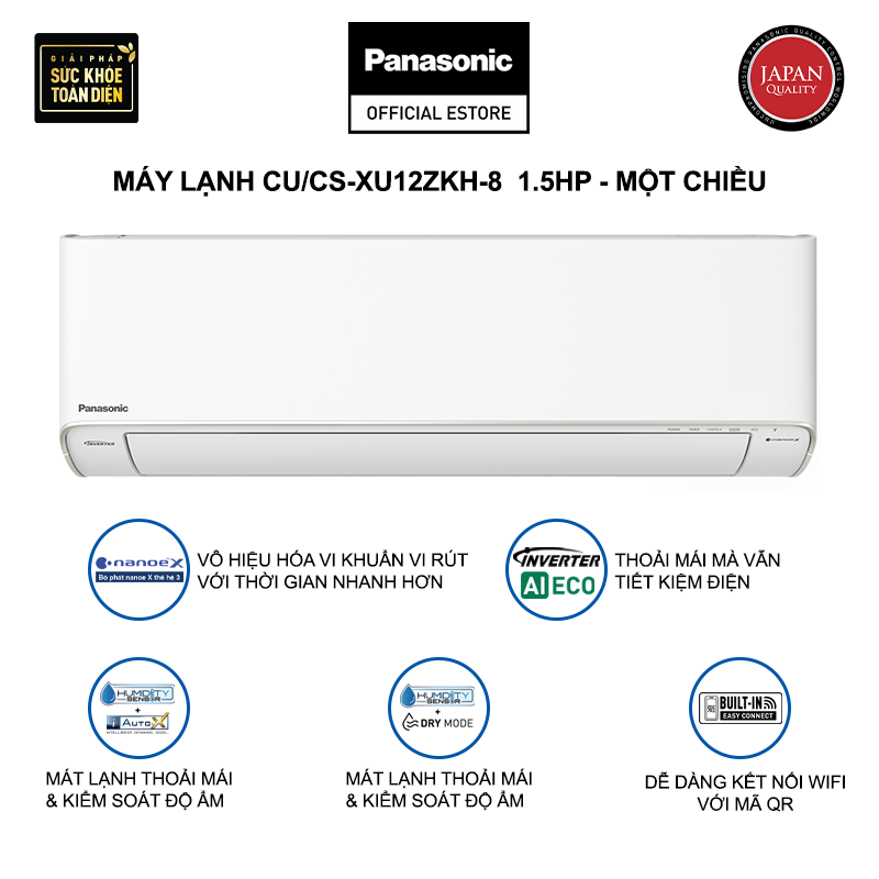 Máy lạnh/Điều hòa Panasonic CU/CS-XU12ZKH-8 - Công suất 1.5HP - Một chiều - Lọc sạch không khí nanoeX - Kết nối wifi - Hàng chính hãng