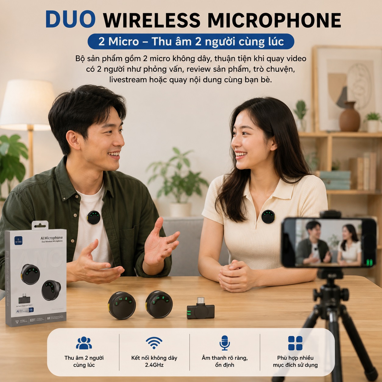 Micro thu âm không dây khử tiếng ồn AI ANC DUO WIWU Wi-WM010 – 2 MICRO THU ÂM 360° | KHỬ ỒN AI | TYPE-C cho iPhone Samsung - Hàng nhập khẩu