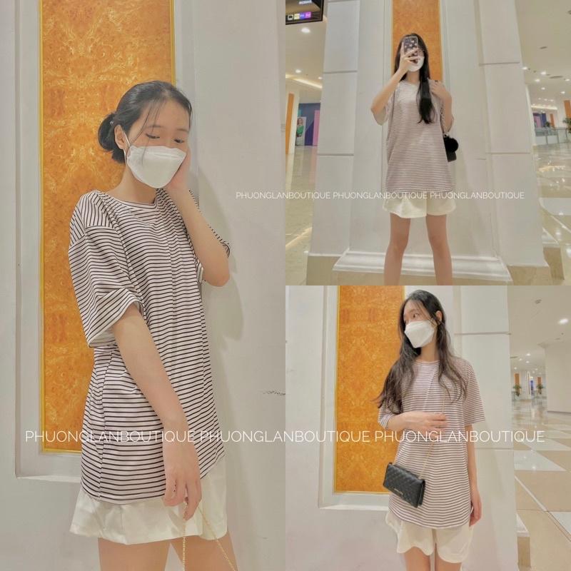 Set đồ nữ Áo thun mix quần short kaki giả váy kẻ ngang bánh bèo Ulzzang dành cho nữ PHULA