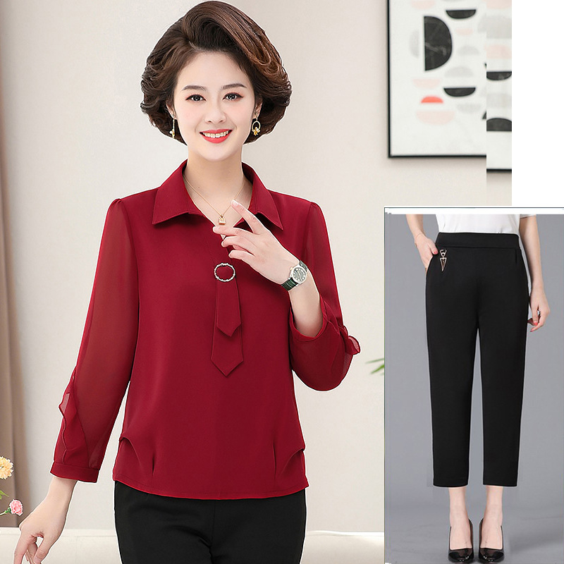 Bộ Đồ Voan Mùa Xuân Áo Sơ Mi Tay Dài Kết Hợp Quần Dáng Đứng Cho Mẹ AB37 - Hàng Quảng Châu Cao Cấp