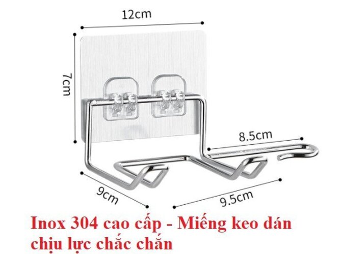 Giá treo máy sấy tóc - Inox 304 - Có móc treo phích cắm điện - Dán tường tiện lợi