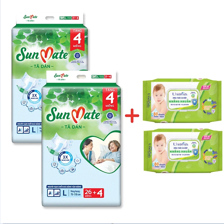 [Mẫu mới] Combo 2 Tã dán người lớn Sunmate XA2 mới size L-26+4 miếng tặng kèm khăn ướt