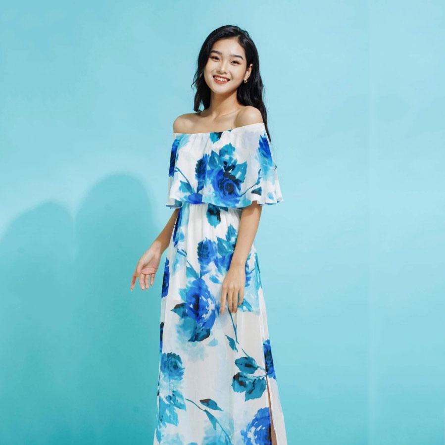 Váy nữ maxi họa tiết hoa, trễ vai, chất voal nhẹ, hàng thiết kế cao cấp TK FASHION - DK496
