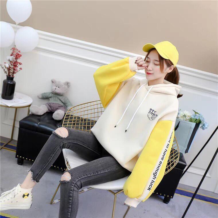 (40-58kg) Áo hoodie unisex chất nỉ bông mỏng may phối 2 màu. Có ảnh thật. trắng/đen - xanh la/đen