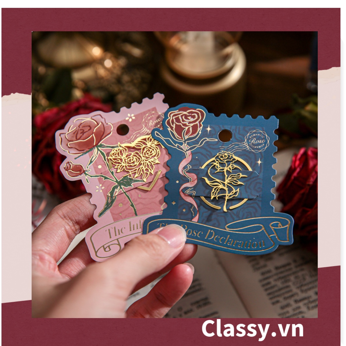 Bookmark /thẻ đánh dấu sách Hình Hoa Hồng vintage chất liệu Kim Loại đánh Dấu, đục lỗ tròn có thể gắn thêm ruy băng PK1793