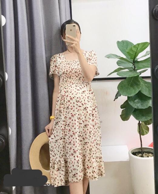 Đầm bầu thời trang chun ngực hoa 40-70kg,Váy bầu đẹp dáng dài