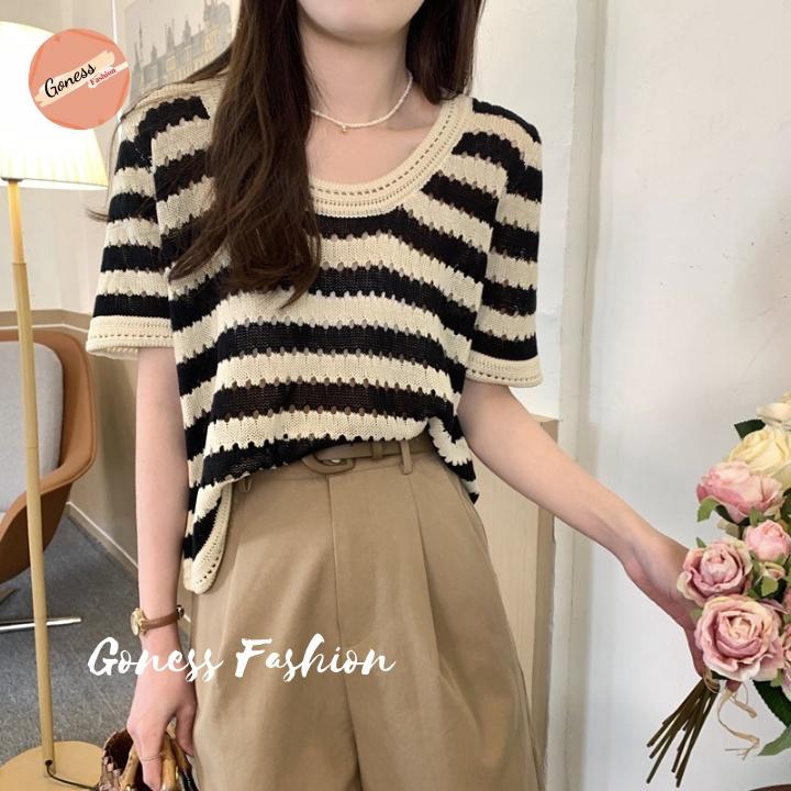 Áo len nữ Goness chất vải dệt kim ngắn tay họa tiết kẻ sọc kiểu cổ cardigan phong cách hàn quốc