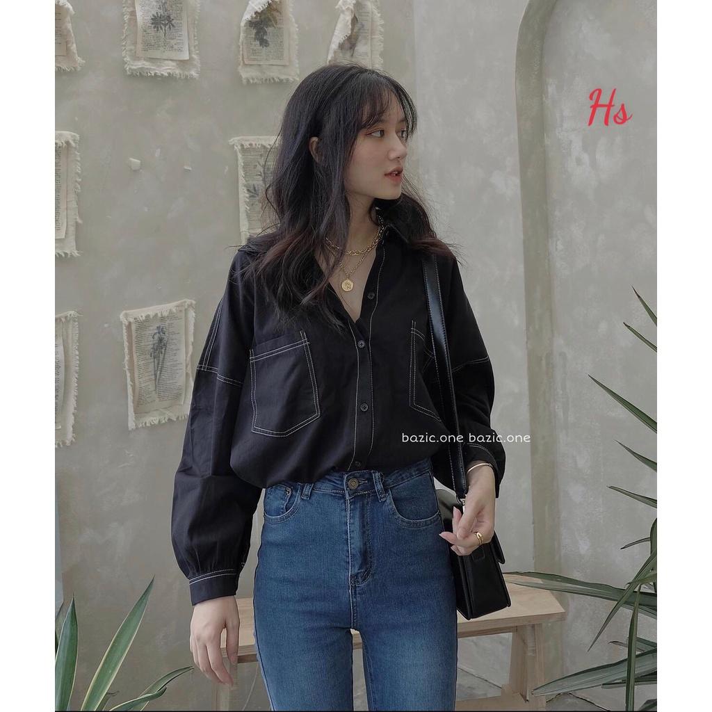 Sơ mi basic tay phồng viền chỉ nổi