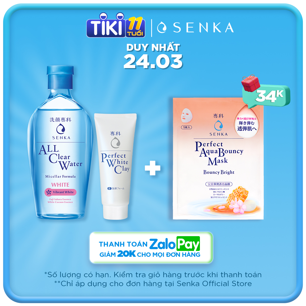 Combo Nước tẩy trang dưỡng trắng Senka All Clear Water Micellar Formula White 230ml + Sữa rửa mặt tạo bọt chiết xuất đất sét trắng Senka Perfect White Clay 50g