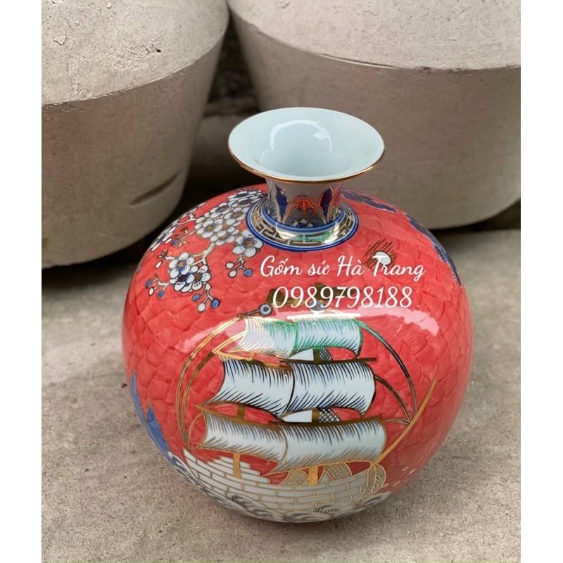 Bình hút tài lộc gốm sứ Bát Tràng cao cấp vẽ hoạ tiết thuận buồm xuôi gió cao 35cm men đỏ