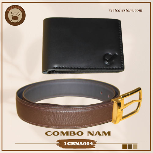 Combo Thời Trang - Ví Nam Da Bò Sáp Dáng Ngang Và Thắt Lưng Nam Da Bò Vegtan_VietCow_1CBNA004