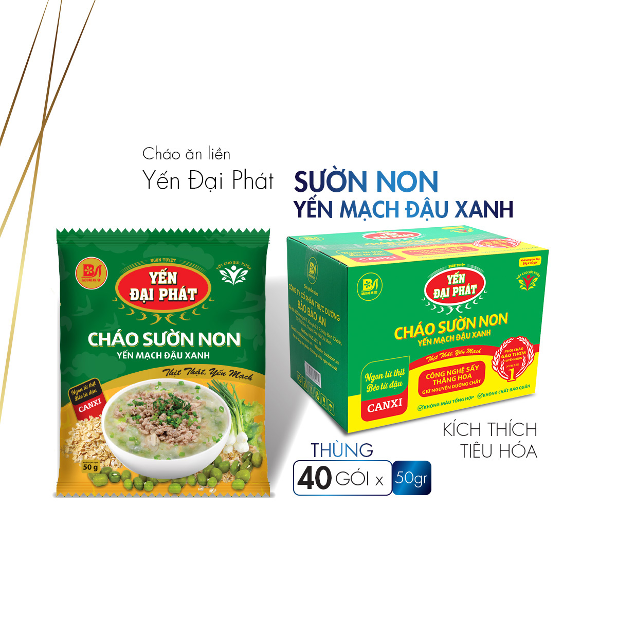 [Thùng 40 gói x 50gram] Cháo Sườn Non Yến Mạch Đậu Xanh - Yến Đại Phát, , thịt thật, yến mạch ngon, đậm đà hương vị