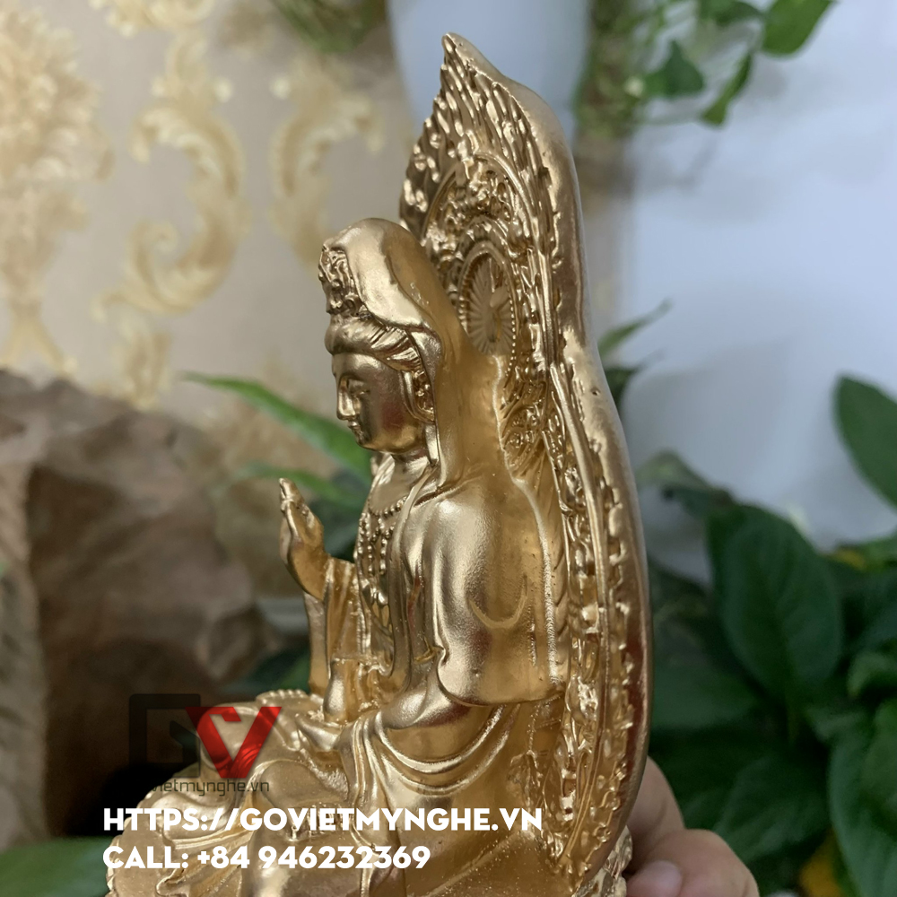 Tượng đá Quan Thế Âm Bồ Tát ngồi đài sen + chữ "Phật" - Chiều cao 15cm - Màu nhũ đồng