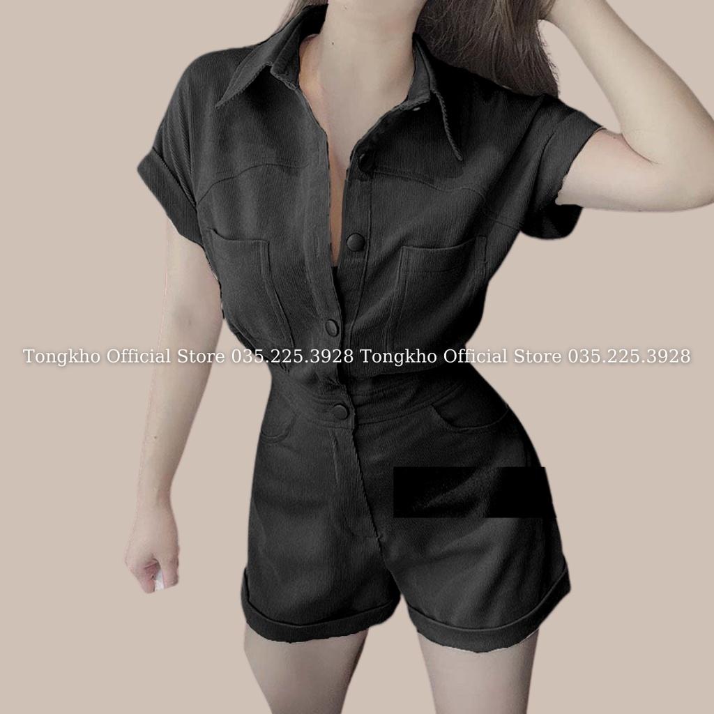 Bộ Jumpsuit cổ sơ mi liền quần gập gấu chất nhung tăm thời trang Banamo Fashion set Jumpsuit 151