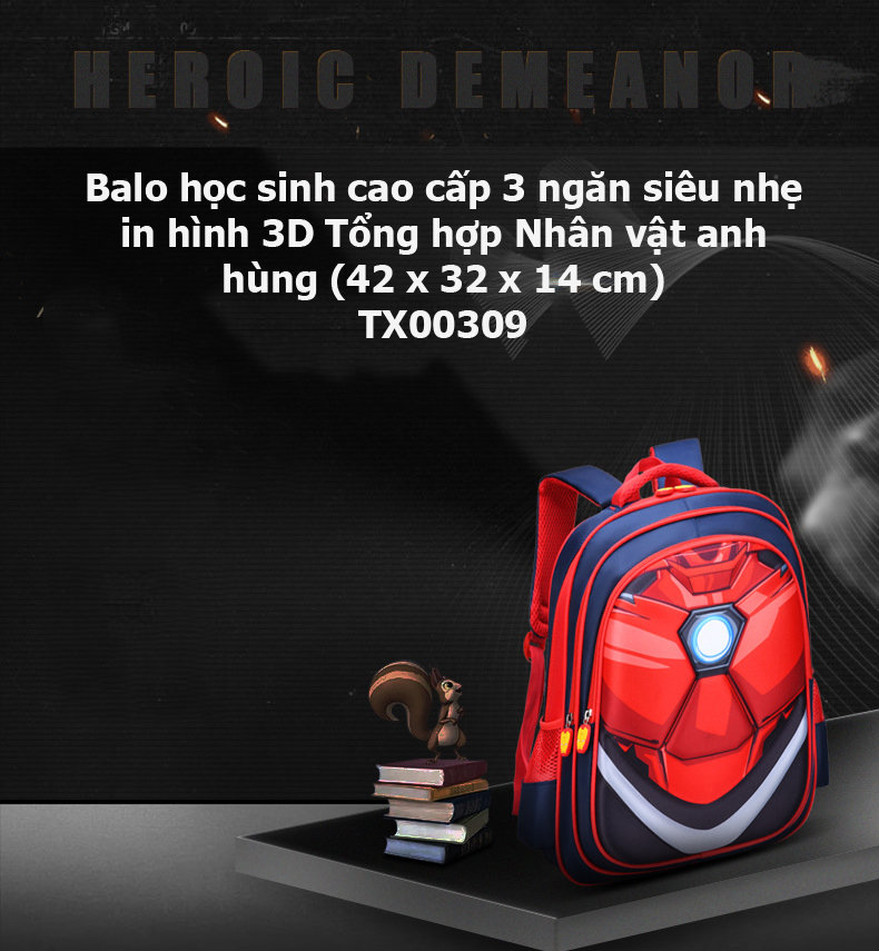 Balo học sinh cao cấp 3 ngăn siêu nhẹ in hình 3D Tổng hợp Nhân vật anh hùng TX00309