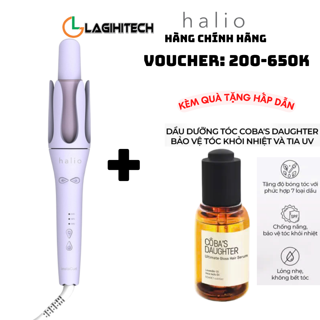 Máy Uốn Tóc Tự Xoay Ion Âm Halio Instacurl Premium Automatic Hair Styler - Tóc Bóng Mượt , Trục 32 Mm - Màu Tím