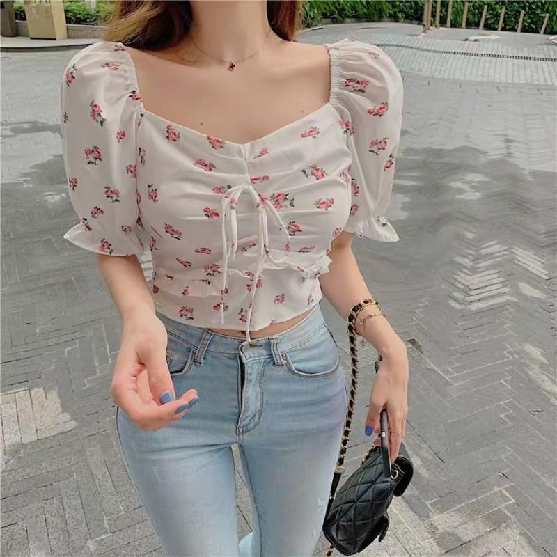 Áo croptop hoa tay bồng thắt nơ ngực 2021