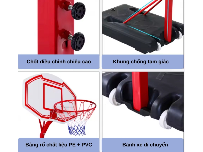 Trụ bóng rổ S003 điều chỉnh từ 2.1m đến 2.6m, sử dụng cho học sinh tiểu học, trung học, đối trọng đổ nước tiện dụng.