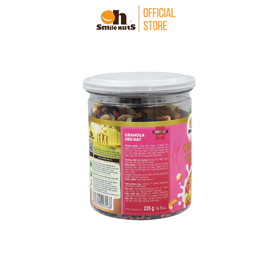 Granola Ngũ Cốc ăn kiêng Siêu Hạt Smilenuts vị Dâu hủ 225g - Gồm Hạnh Nhân bóc vỏ, Nho khô, Óc Chó, Yến Mạch, Hạt điều, Nhân bí xanh và Mật ong _ Ngũ cốc ăn kiêng Granola vị Dâu