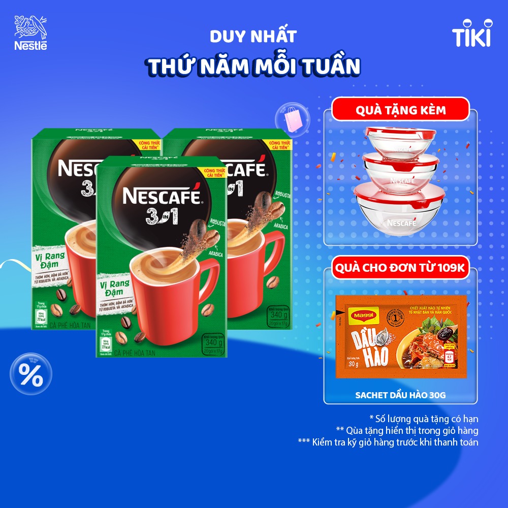 Combo 3 hộp cà phê NESCAFÉ 3IN1 VỊ RANG ĐẬM - công thức cải tiến (Hộp 20 gói x 16g)