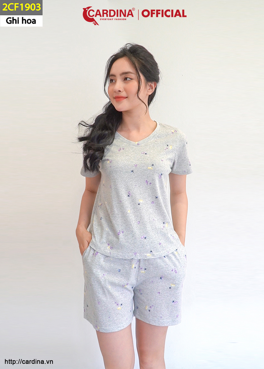 Đồ Bộ Nữ CARDINA Chất Cotton Organic Quần Đùi Áo Cộc Tay Co Giãn Họa Tiết 2CF19
