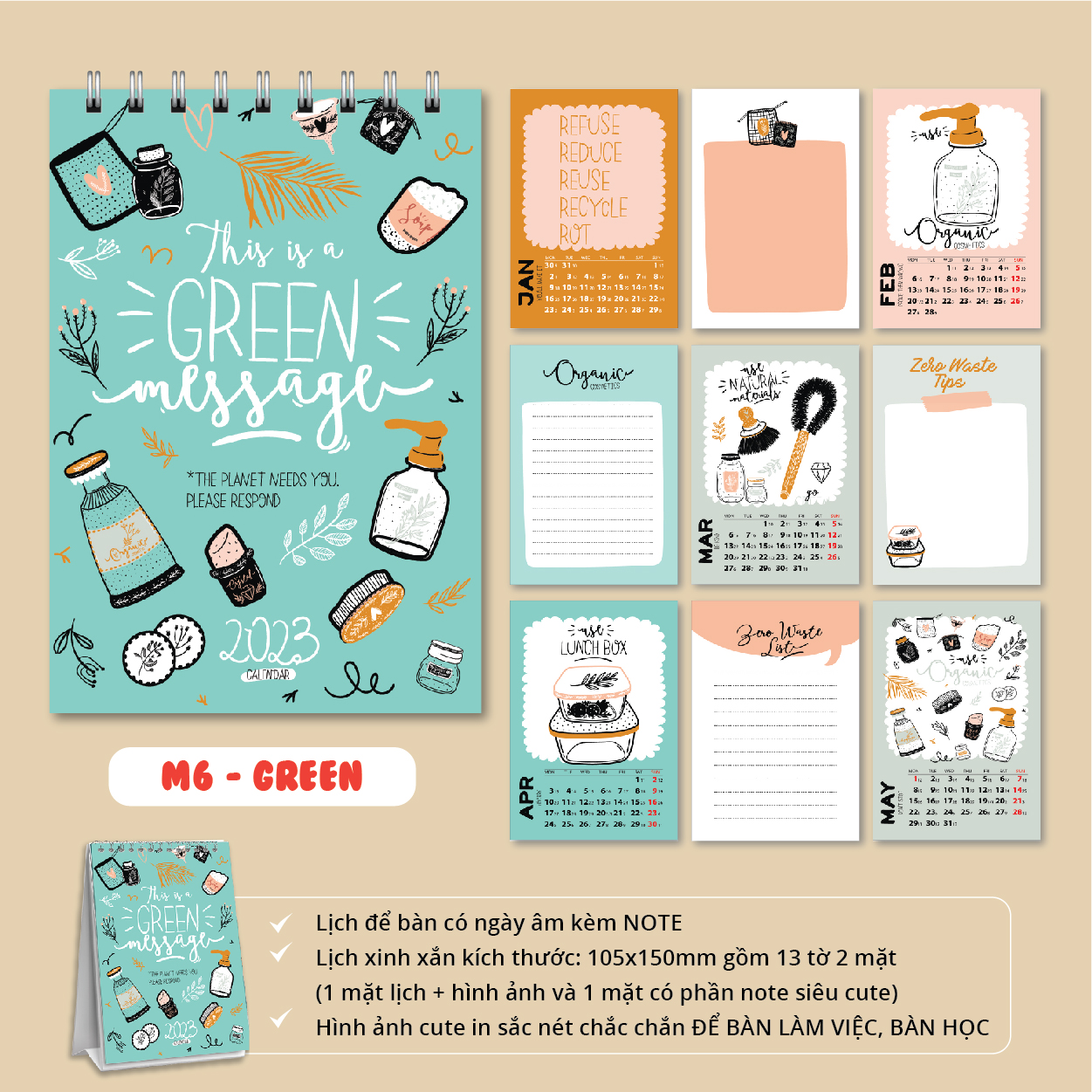 Lịch để bàn 2023 mini dễ thương ghi chú to do list trang trí bàn học decor văn phòng có ngày âm Lịch việt - LT 601