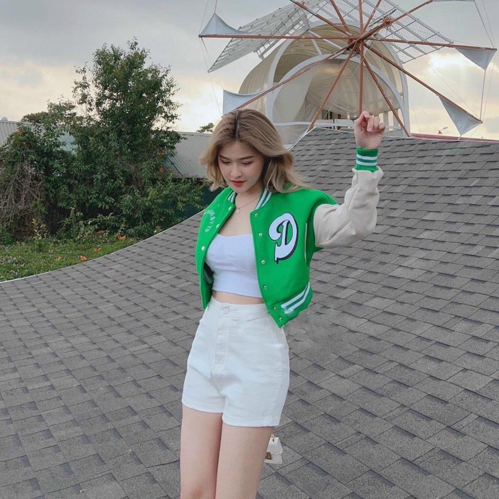 Áo khoác bomber croptop Chữ D nữ dáng lửng cánh dơi Phối tay trắng rộng bấm cúc sexy hàn quốc