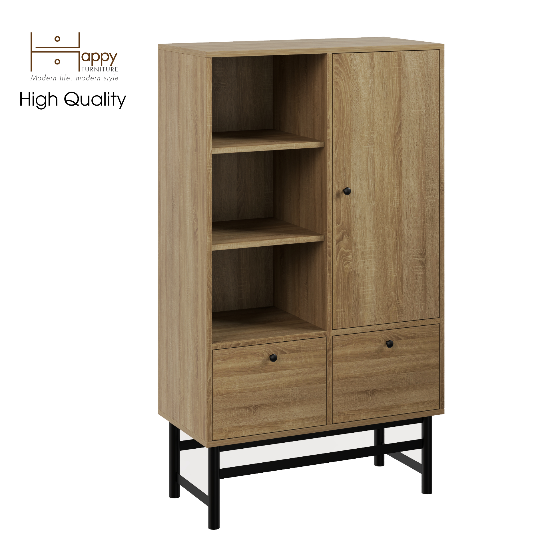 [Happy Home Furniture] CATY , Kệ sách 2 ngăn kéo 1 cửa mở - chân sắt ,  80cm x 39cm x 140cm (DxRxC), KSA_024
