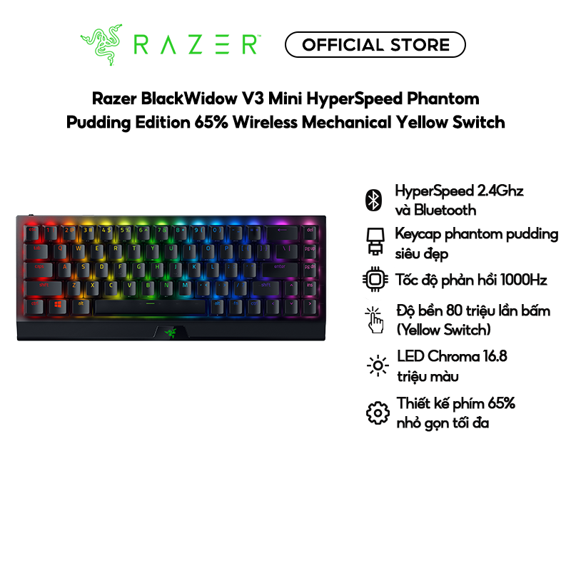 Bàn phím Razer BlackWidow V3 Mini HyperSpeed-Phantom Pudding Edition-65% Wireless Mechanical-Yellow Switch_RZ03-03891900-R3M1- HÀNG CHÍNH HÃNG