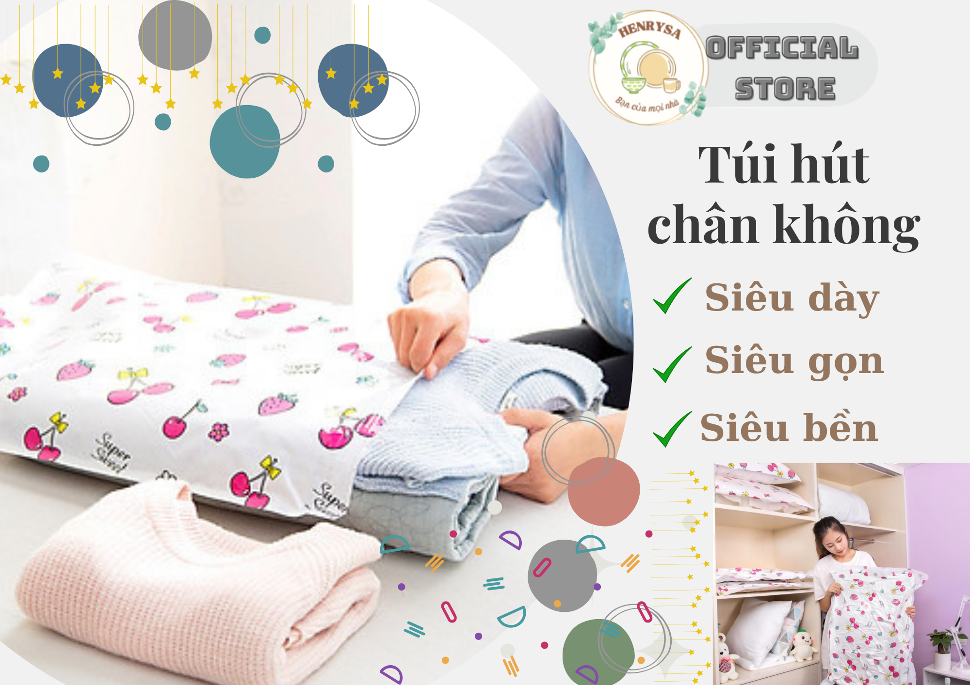 Túi nén chân không bảo quản quần áo, chăn gối, ... tiết kiệm không gian - Chính hãng HENRYSA