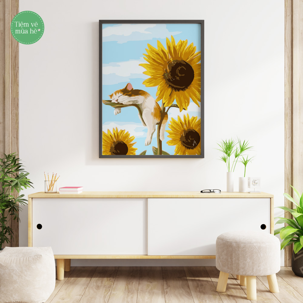 Tranh số hóa - Chú mèo hoa hướng dương đã căng khung 40x50cm 20 màu