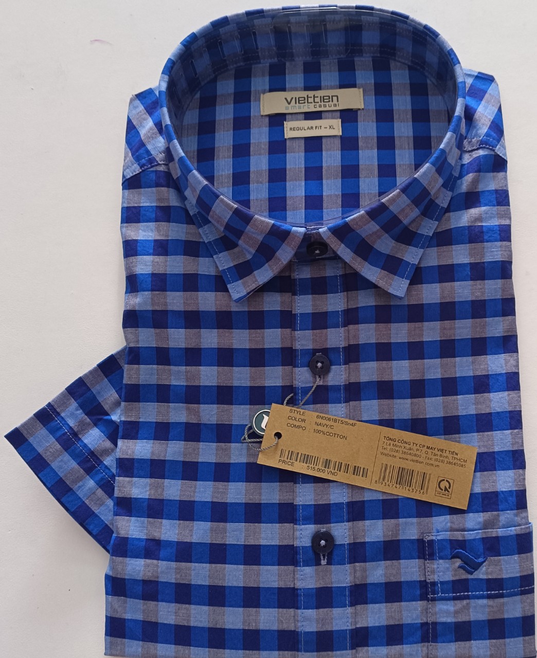 Viettien Áo sơ mi nam Việt Tiến ngắn tay vạt ngang, xẻ sườn Smart Casual Mã 6N0061BT5/SN4F , 100% Cotton