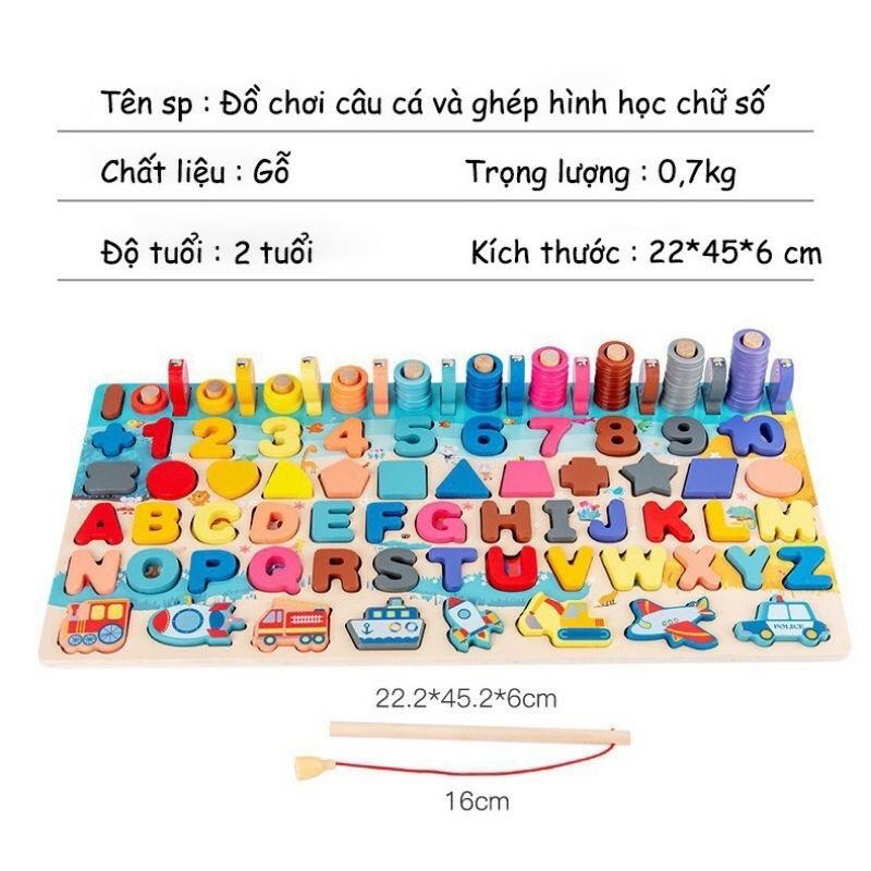 MONTESSORI Cao Cấp Bảng Gỗ Ghép Hình + Câu Cá Cho Bé 6 in 1