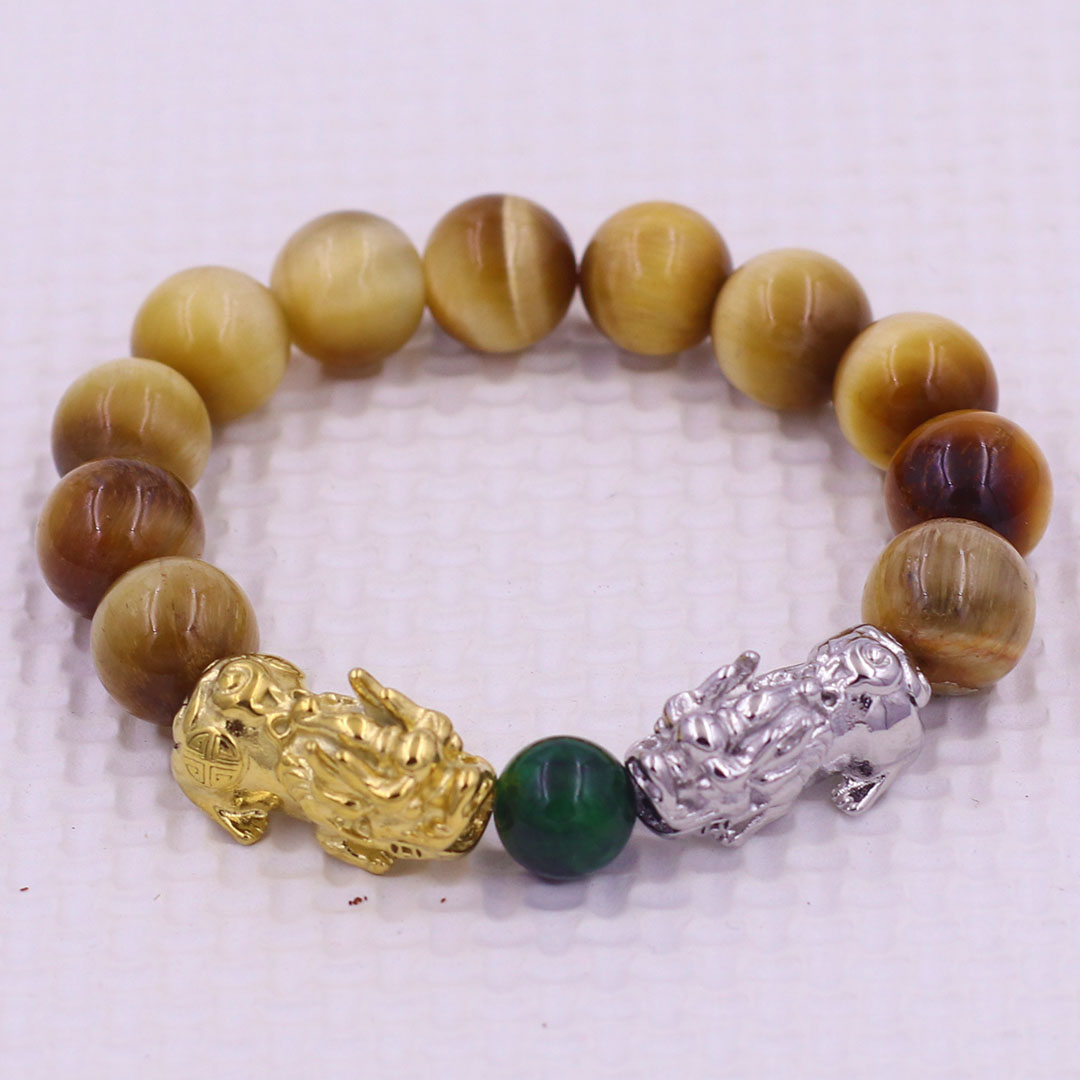Vòng chuỗi đeo tay đá mắt hổ vàng 12 ly charm tỳ hưu đôi inox trắng và vàng, vòng chuỗi phong thủy, charm tỳ hưu, vòng tay hạt chuỗi