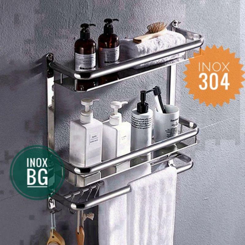 Kệ để đồ nhà tắm 3 tầng có móc treo và thanh treo khăn