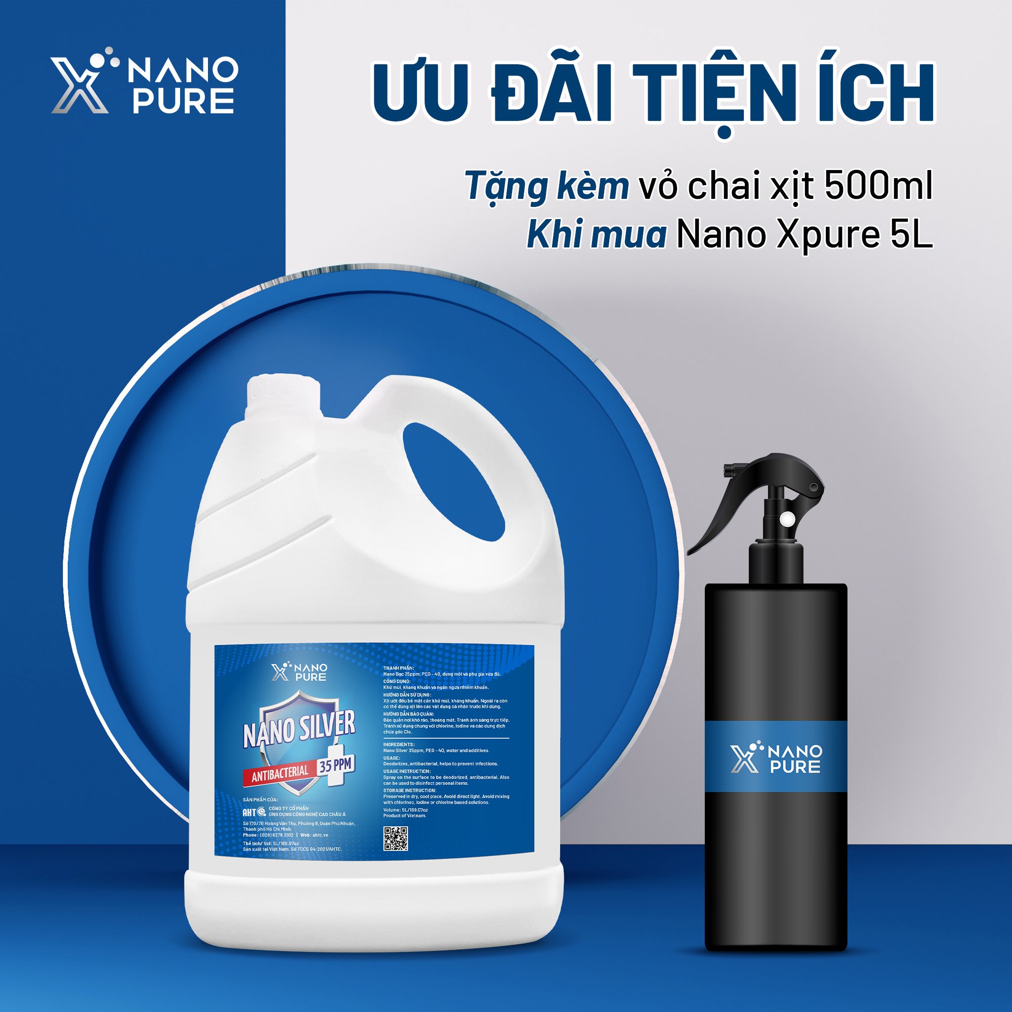 Dung Dịch Nano Xpure Nano Silver Antibacterial 35ppm 5L (Không Mùi)-Diệt khuẩn, khử mùi–Nano Bạc AHT Corp (AHTC)