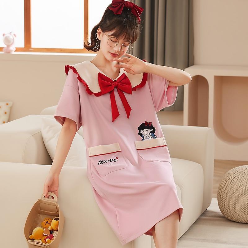 Đầm Ngủ cotton Mỏng Dáng Rộng Cổ Tròn Thắt Nơ Thời Trang Mùa Hè Cho Nữ