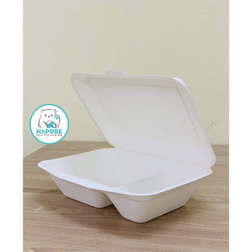 100 hộp bã mía vỏ sò chữ nhật 8x6 inch 2 ngăn 20x15x5cm