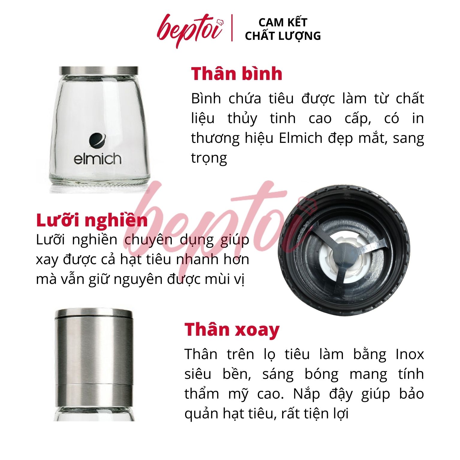 Lọ xay tiêu thủy tinh và cối sứ viền Inox Emich EL-7155 - Hàng chính hãng