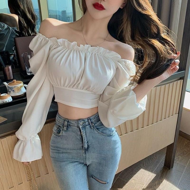 Áo kiểu trễ vai croptop đan dây nơ lưng mẫu 2021