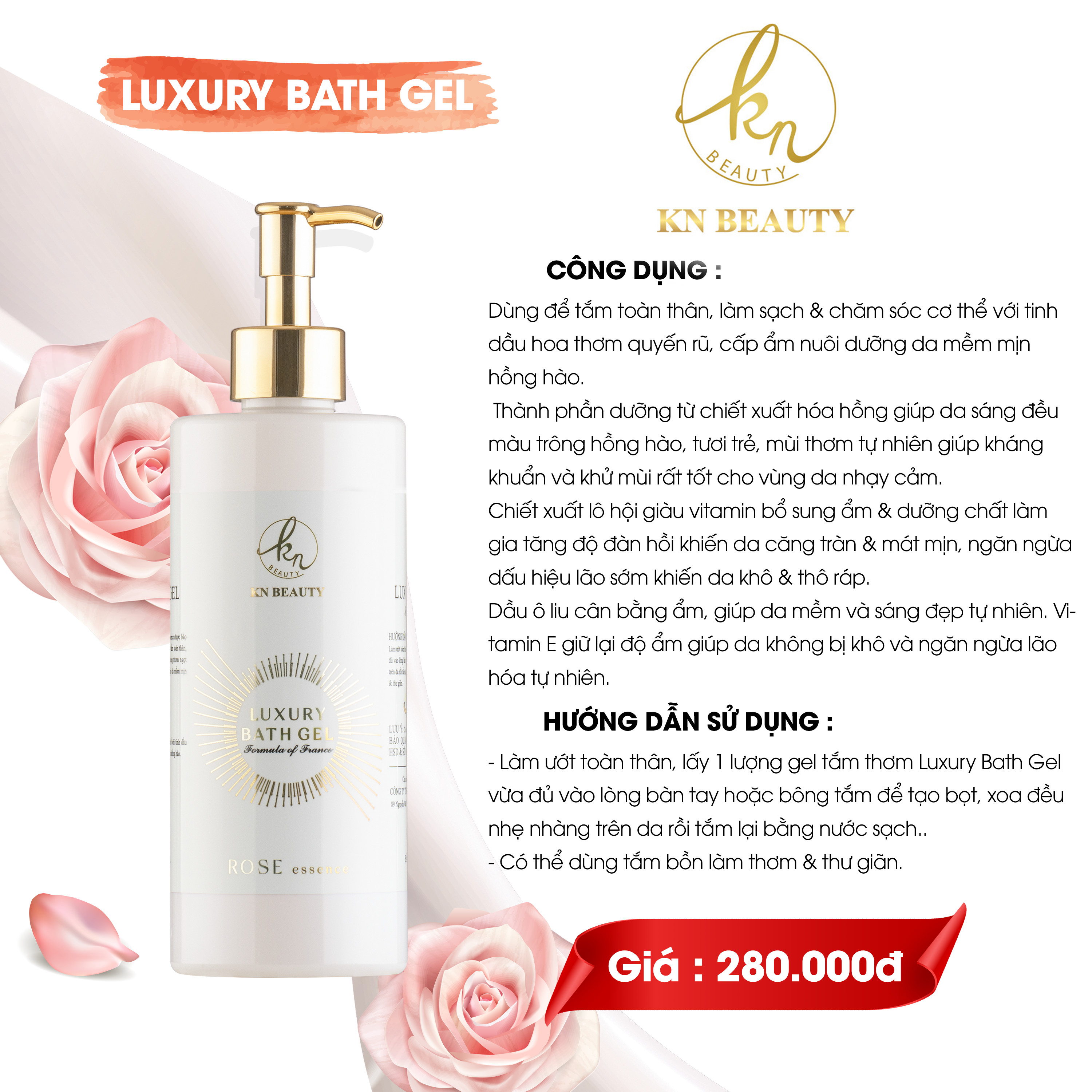 Sữa tắm KN Beauty tinh chất Hoa Hồng – Luxury Bath Gel ROSE essence 380ml 